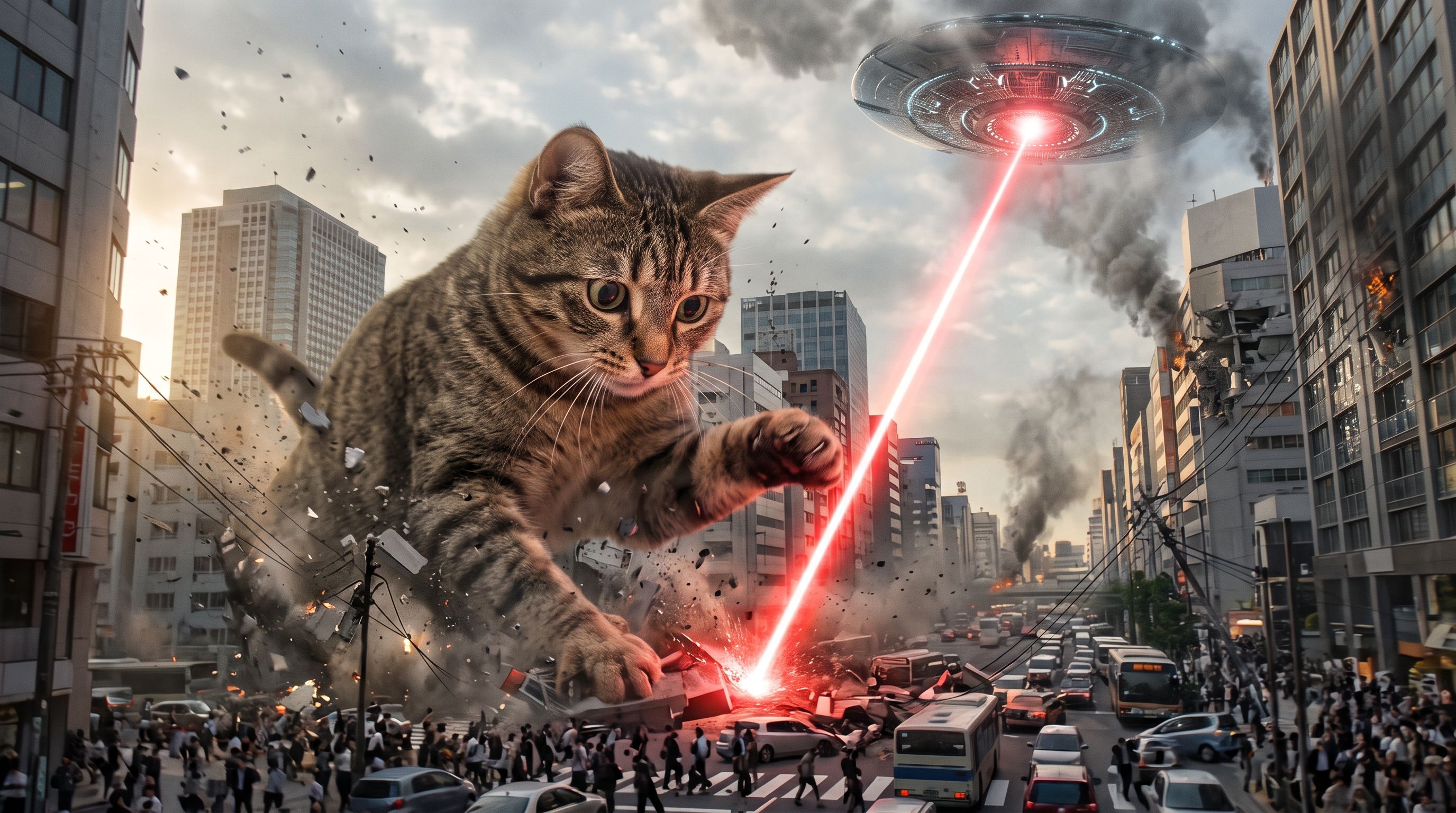 Gemini-generated image of a giant cat destroying a city as it hunts a laser beam coming from a UFO
